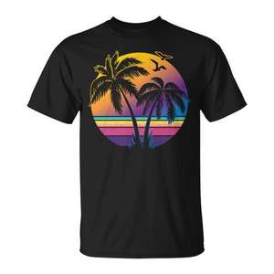 T-shirt vintage avec motif de palmiers au coucher du soleil, design pour les amoureux de la plage, style rétro, vêtements d'été - Product Image 1