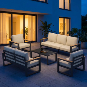 Conjunto de Sofás de <span class=keywords><strong>Exterior</strong></span> de Estilo Industrial, Muebles de Terraza de Aluminio Resistente a la Oxidación, Sofá Cama con Detalles de Madera Compuesta Resistente - Product Image 6