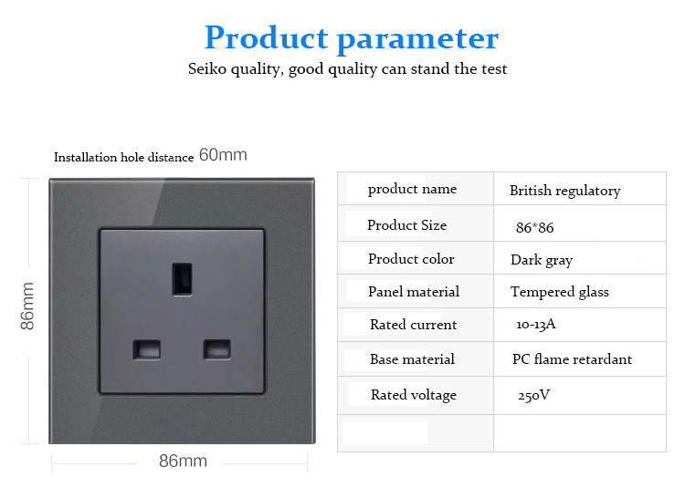 multi-functional grey tempered glass wall socket panel British standard Hong Kong version usb switch wall socket