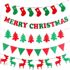 红绿毛毡圣诞树长袜驯鹿锦旗旗帜挂饰花环圣诞快乐圣诞派对装饰