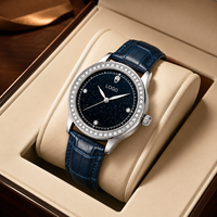 Jam Tangan Wanita Midnight Star 36mm Alloy Quartz Bertabur Berlian Tali Kulit Jarum Bercahaya Tahan Air 30M Grosir
