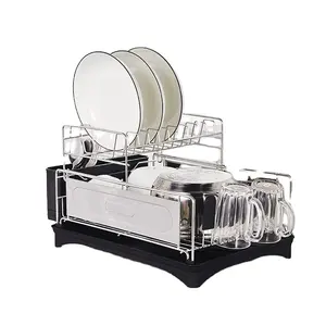 Hot Sale Double-layer Storage Rack Kitchen High-looking Household Dish Plate Storage Rack With Drain Plate Rack