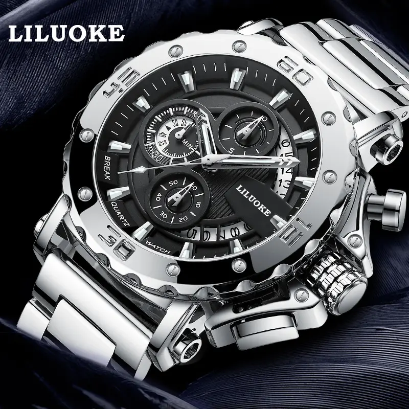 LILUOKE 9011G luxus herren quarzuhr schön gummiband wasserdicht 3 ziffernblatt berühmt chronograph business armbanduhr
