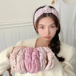 LRTOU ikat kepala wol Korea mewah wanita, aksesori rambut ikat kepala spons lebar Pink untuk perempuan