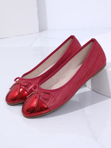 <span class=keywords><strong>Ballerines</strong></span> décontractées <span class=keywords><strong>rouges</strong></span> pour femmes en cuir PU verni à bout renforcé avec nœud décoratif, à enfiler - Product Image 5