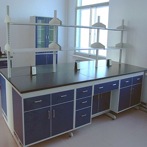 Banco central de laboratorio con marco de acero, mesa de isla, gabinete de madera - Product Image 5