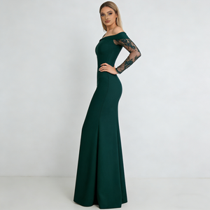 Robes pour femmes Vert émeraude foncé <span class=keywords><strong>D</strong></span>écolleté carré Manches longues en dentelle Ajustées Sirène Élégantes Robes de soirée maxi pour femmes - Product Image 2