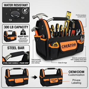 OEM/ODM Customizable Water Resistant 300 lb Capacity Polyester Multifunctional Steel Bar Handle Top Opening Tote <b>Tool</b> Bag - Product Image 1