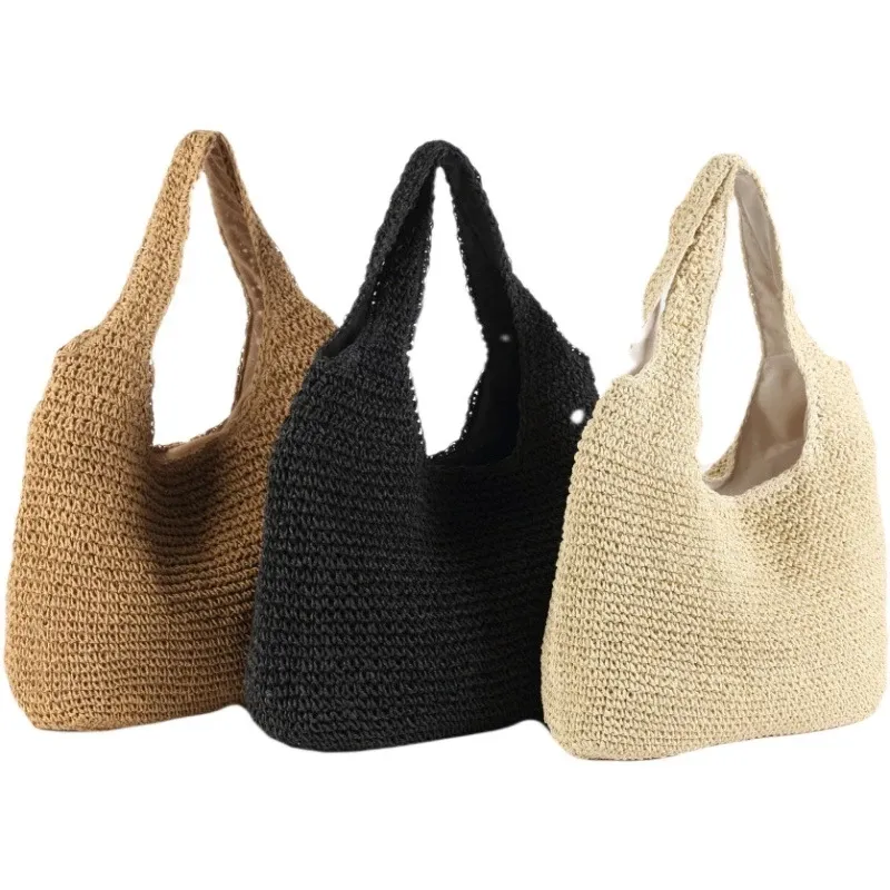 Women Beach Bags 2022 Summer Woven Straw Party Shoulder Travel Luxury Tote Fashion Simple Large Cosmetic Bucket Female Handbags