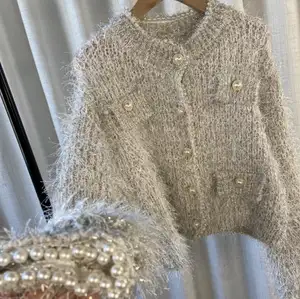 Women's Wool Pearl Buckle Sweater Coat Autumn Fashion Outerwear Knitted Cardigan Lady Fashion Temperament Coat