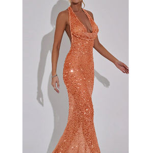 Tùy Chỉnh Chất Lượng Cao Sequin Không Tay Màu Cam Halter Backless U Cổ Bodycon Bóng Gown Phụ Nữ Maxi <span class=keywords><strong>Dress</strong></span> - Product Image 2