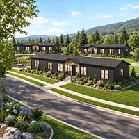 Maison modulaire préfabriquée en acier léger isolé, installation facile, style contemporain, type chalet ou ferme, pour projet de logement familial.