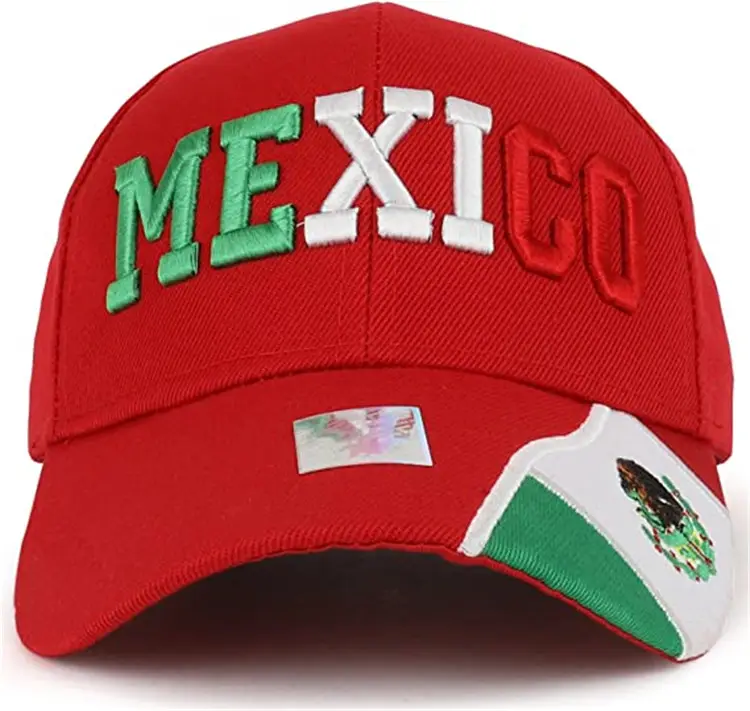 Mexico Tekst 3D Geborduurde Gestructureerde Katoen Baseball Cap Gebogen Rand Mexico Vlag Rode Baseball Hoed