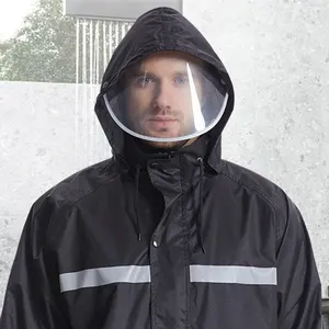 成人定制重型雨衣黑色耐用聚氯乙烯长一体式防水雨衣，带反光带