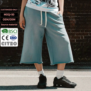 Custom Acid Washed French Terry <b>Shorts</b> Distressed Drawstring Baggy <b>3</b>/<b>4</b> Long Sweat <b>Shorts</b> - Product Image 1
