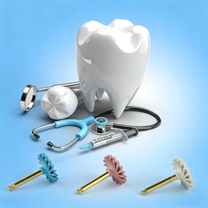 Kit de polissage dentaire électrique Ai Oral pour composites, 6 pièces, comprenant : disques diamantés RA 14mm, système de roues, brosse spirale flexible, polisseurs en caoutchouc et fraises - Product Image 1