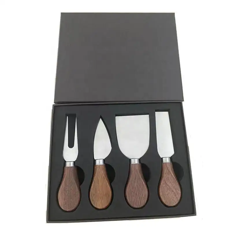 Professional Customize Logo Wooden Handle Stainless Steel Cutter Gift Box Set 4 Piece Cheese Knife Tools
