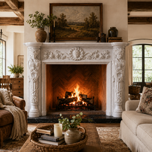 Traditional Marble <b>Fireplace</b> Mantel With Ornate Carving white marble Stone Indoor Wood Burning Hearth For Dining Room - Product Image 6