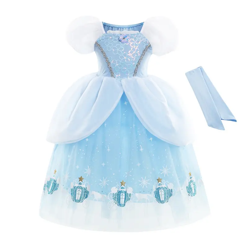 Moda all'ingrosso per ragazze cosplay costumi per bambini tulle blu abiti a sbuffo manica abito da principessa per i bambini