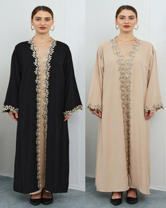 Elegante Abito Kaftan Musulmano da <span class=keywords><strong>Donna</strong></span> con Ricamo Floreale Rosa, Vestito Etnico Marocchino in Pizzo, Abbigliamento per Preghiera Eid, Maxi Abito Arabo - Product Image 2