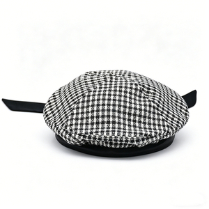Unisex Houndstooth Tweed <b>Beret</b> Bow Printed Black White Plaid French <b>Beret</b> Leather Trim Vintage Elegant Winter Outdoor Travel Hat - Product Image 2