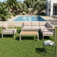 Ensemble de canapés d'angle en aluminium et teck avec coussins épais lavables, table basse, mobilier de patio résistant aux intempéries pour balcon