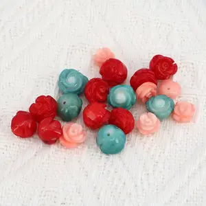 CB8103 Half drilled natural carved coral rose beads,half drill hole coral flower floral beads for stud earring making