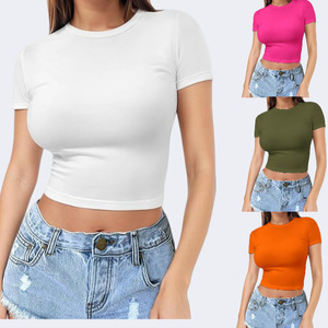 Camiseta Corta Estilo Europeo-Americano para Mujer, Top de Verano, Blusa de Manga Corta con Cuello Redondo, Ajustada y Linda, de Seda Láctea - Product Image 1