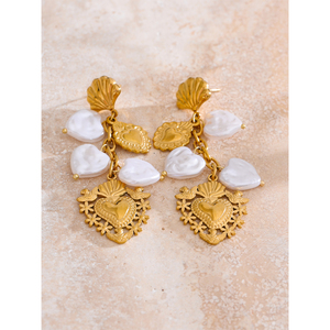 Jinyune oro 3194 placcato in PVD in acciaio inossidabile gioielli di fascino manuale da donna in francia perle artificiali cuore amore orecchini pendenti - Product Image 2