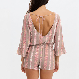 High-quality custom V-neck backless elastic short jumpsuit luxurious linen cotton Hawaiian print <b>ROMPER</b> - Product Image 4