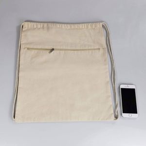 Eco Sports Fitness Outdoor Hiking With Zipper Front Pocket <b>Canvas</b> <b>Backpack</b> Recycled Cotton Drawstring Bag - Product Image 2