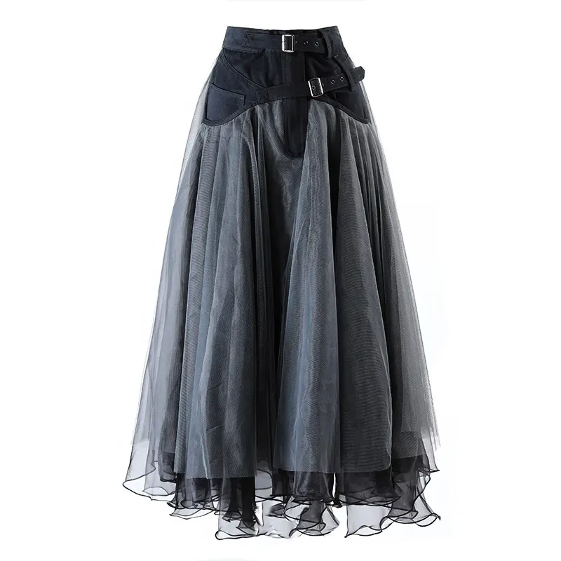 OUDINA New Denim Stitching Gauze Skirt High Waist Casual Midi Long Patchwork Skirt For Ladies Elegant Maxi Skirts Women