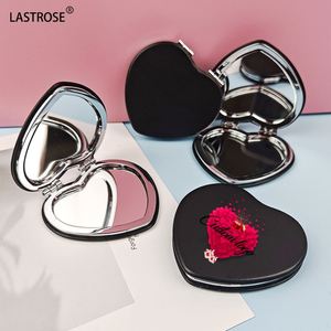 Wholesale Black Pink Double Side Heart Foldable Hand Held <b>Mirror</b> PU Leather <b>Small</b> Heart Shape Pocket <b>Mirror</b> - Product Image 1