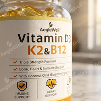 OEM AegleWell Vitamine D3 K2 B12 Gélules Molles Formule Triple Concentration avec Huile de Coco Soutien Osseux, Cardiaque et Immunitaire Complément Quotidien