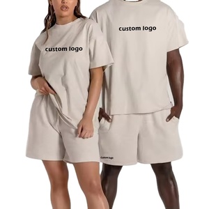 <span class=keywords><strong>Ensemble</strong></span> T-shirt et <span class=keywords><strong>short</strong></span> unisexe surdimensionné avec logo personnalisé en vrac OEM Boxy épais et lourd Premium 100% coton pour hommes Style décontracté - Product Image 1