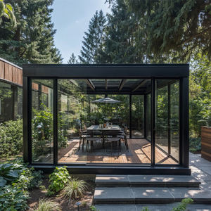 Nueva llegada: Invernadero de <span class=keywords><strong>cristal</strong></span> prefabricado con techo plano y perfil de extrusión de aluminio, diseño moderno con puerta corredera. - Product Image 1