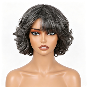 Perruques courtes bouclées en cheveux humains, mélange naturel gris foncé et clair, gris grand-mère, pour femmes matures, usage quotidien, perruque en cheveux naturels - Product Image 1