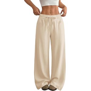 Pantalon palazzo fluide en lin pour femme FOXA, taille haute avec cordon de serrage, idéal pour les vacances à la plage - Product Image 1