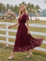 Robe Midi en Dentelle Bordeaux pour Femme, Col en V, Manches Courtes, Broderie, Robe de Soirée pour Invitée de Mariage, Vente en Gros Usine, Commande OEM Personnalisée, Livraison Rapide
