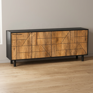 Solid Mango <b>Wood</b> Sideboard with Geometric Line Design & Dual Finish | Modern Wooden <b>Storage</b> <b>Cabinet</b> - Product Image 1