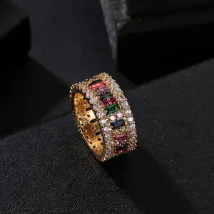 Luxe Vrouwen Sieraden Ice Out Zirkoon Vergulde Band Multi Color Stone Diamond Volledige Rainbow Eternity Ring 2021 Oem Groothandel