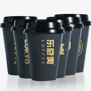 Wegwerp Geheel Zwart Binnen Mouw Composteerbaar Merk Custom Logo Stempelen Dubbele Muur Koffie Papieren Bekers Met Deksels