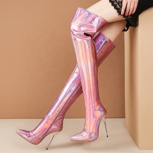 Bottes imperméables réfléchissantes à talons aiguilles pour femmes, bottes fines à talon haut au-dessus du genou, bottes longues et élégantes, grandes tailles 45 - Product Image 5