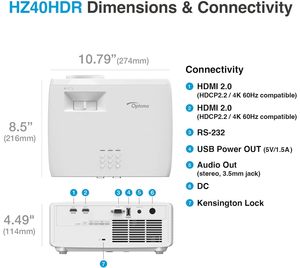 HZ40HDR HZ40HDR Smart 1080P Laser Beamer Mini 3D Home <b>Projector</b> Optoma HZ40HDR 0.65\" DMD 5000 Lumens 1.3x Optical HD Video for - Product Image 6