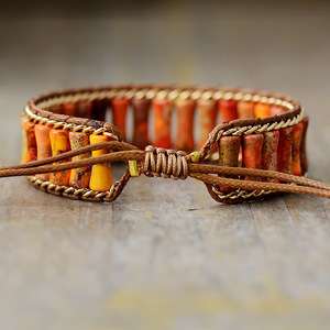 Bracelet tressé en perles d'agate orange beige, bijoux unisexes, faits à la main, style bohème - Product Image 3