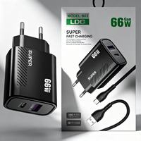 Chargeur rapide pour téléphone portable 66W avec câble USB Type-C PD, chargeur USB Type-C à charge rapide, adaptateur de voyage USB-C, prise EU US