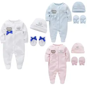 Vente en gros, ensemble de barboteuse pour bébé, manches longues, ensemble de 3 pièces avec boutons, couleur pure