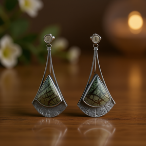 Orecchini Pendenti Geometrici K Brand Placcati Argento Anticato con Pietra Naturale Incastonata, Gioielli Vintage da Donna alla Moda - Product Image 2