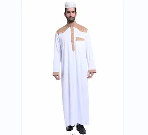 Hot Sell Muslim Men Solid Color Plus size Robes Prayer Dress Islamic Blue Long Sleeve Clothing Thobe Saudi Arab Embroidery Abaya