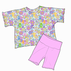 Conjunto de 2 Piezas para Niñas con Estampado Floral y Cuadros, Camiseta de Cuello Redondo y Manga Corta y Pantalones Cortos Deportivos Lisos, <span class=keywords><strong>Ropa</strong></span> Casual de Verano OEM - Product Image 3